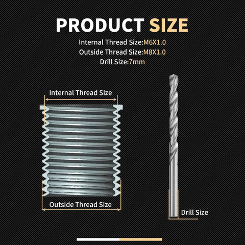 Diagram showing Metric M6X1.0 Thread Repair Kit with stainless steel thread and drill size, detailing internal and outside thread size.