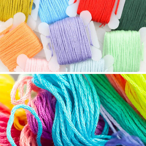 Rainbow Embroidery Floss Set With 50 Skeins In Bright Colors 12 Floss Bobbins And 1 Needle Threading Tool Each Skein About 8.75 Yards Long With 6 Strands Polyester Colorfast For Cross Stitch Friendship Bracelets And All Your DIY Craft Projects displayed in vibrant hues.
