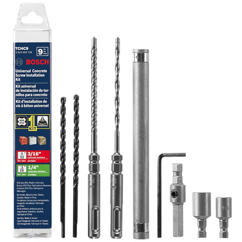 Hefty Sds Plus Concrete Screw Installation 9 Pc Kit Featuring Bulldog Carbide Drill Bits lying on a surface, showcasing bits and driver sockets.