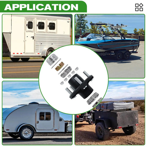Trailer Hub Kit For 5 On 4.5 Inch Axles, 2000 Pound Capacity displayed with various trailer types in use