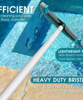 All In One Pool Cleaning Kit With Ten Foot Adjustable Aluminum Pole Seventeen And A Half Inch Skimmer Net And Seventeen And A Half Inch Curved Wall Brush Head For Inground And Above Ground Pools No Fuss Debris Cleanup shown cleaning pool edge