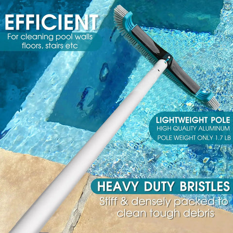 All In One Pool Cleaning Kit With Ten Foot Adjustable Aluminum Pole Seventeen And A Half Inch Skimmer Net And Seventeen And A Half Inch Curved Wall Brush Head For Inground And Above Ground Pools No Fuss Debris Cleanup shown cleaning pool edge