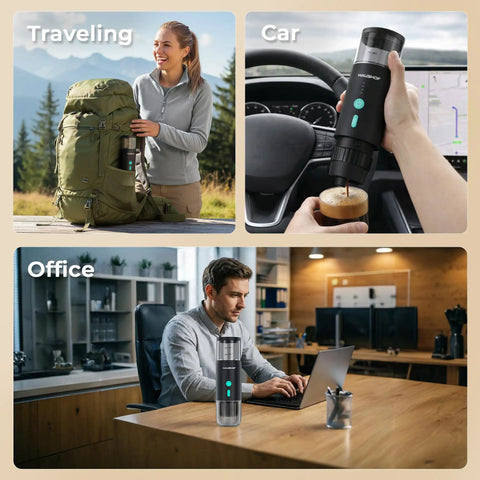Portable Electric Espresso Machine With 20 Bar Pump, Fast Heat Up On The Go Coffee Maker USB C Rechargeable; used in travel, car, and office settings.
