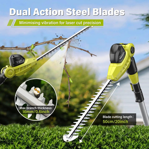 20V Cordless Pole Hedge Trimmer With 20 Inch Blades 9 Feet Reach trimming branch with dual action steel blades