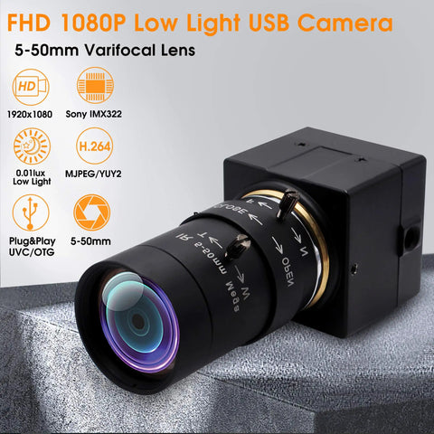 Crystal Clear 1080P USB Web Camera With 5-50mm Varifocal Telephoto Zoom Lens, Manual Focus, Sony IMX323 Sensor displayed on surface