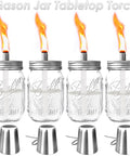 4 Pack Mason Jar Outdoor Tabletop Torch Kit with Fiberglass Wicks and Stainless Lid Caps 6 Inch High Silver Mason Jar Torch Lights