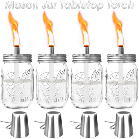 4 Pack Mason Jar Outdoor Tabletop Torch Kit with Fiberglass Wicks and Stainless Lid Caps 6 Inch High Silver Mason Jar Torch Lights