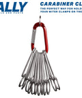 12 Piece Pro Grade Miter Clamps Set With Carabiner Clip for Woodworking Projects hanging on red carabiner