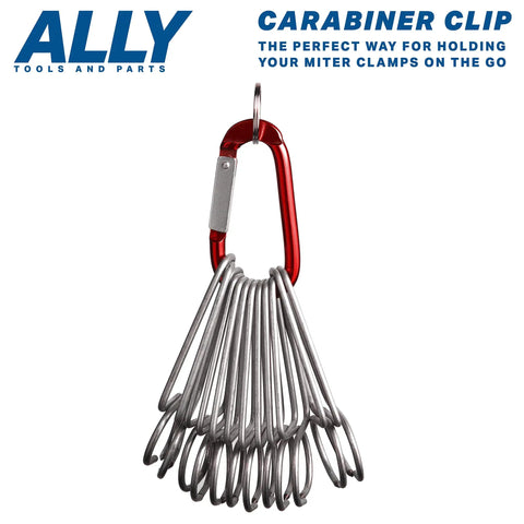 12 Piece Pro Grade Miter Clamps Set With Carabiner Clip for Woodworking Projects hanging on red carabiner