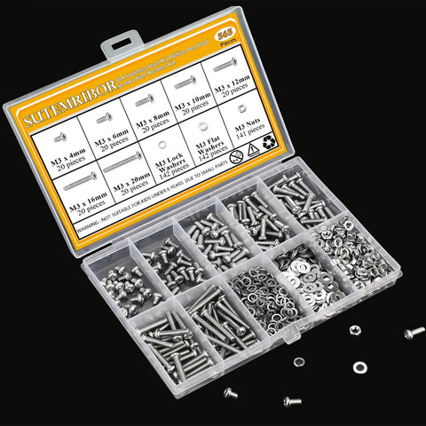 Premium 565 Piece M3 Phillips Pan Head Machine Screws Hex Nuts Assortment Kit With Split And Flat Washers Fully Threaded 304 Stainless Steel in organizer box.