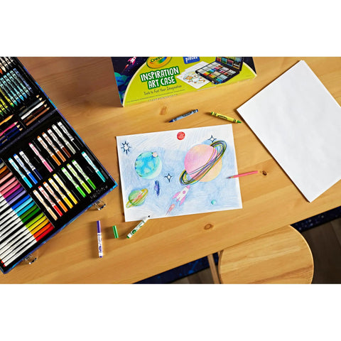 Space Theme 140 Piece Art Kit For Kids With Crayons Markers Pencils Drawing Sheets In Durable Case Totally Awesome Gift displayed on table