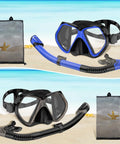 Two Window Panorama Snorkel Mask For Adults With Dry Top Snorkel Tempered Glass Dive Mask and mesh bag on beach background