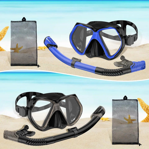 Two Window Panorama Snorkel Mask For Adults With Dry Top Snorkel Tempered Glass Dive Mask and mesh bag on beach background