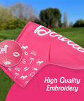 Pink Birdie Blade Putter Cover Made With Tour Grade PU Leather And Velour Lining on golf course, funny embroidery details
