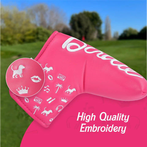 Pink Birdie Blade Putter Cover Made With Tour Grade PU Leather And Velour Lining on golf course, funny embroidery details