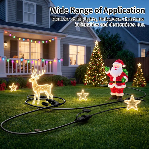 Heavy Duty 25 Ft Outdoor Extension Cord Built Like A Beast With Three Evenly Spaced Weatherproof Outlets, powering holiday decorations.