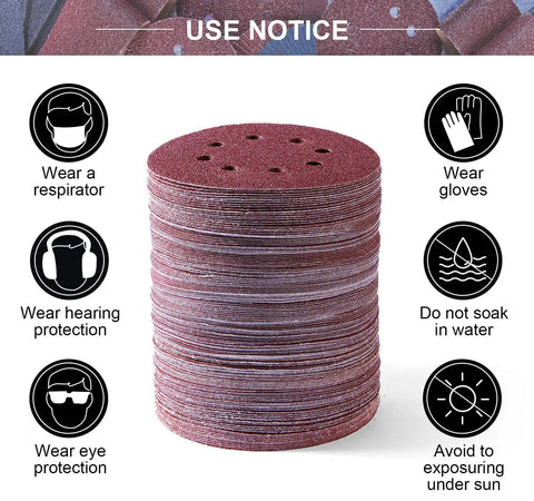 Stack of 150 Piece Sanding Disc Set With 60 80 100 120 150 180 240 320 400 600 Grits 5 Inch 8 Hole Hook And Loop Discs