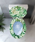 Top view of Elongated Resin Toilet Seat for Bathroom with green leafy design and clean toilet bowl.