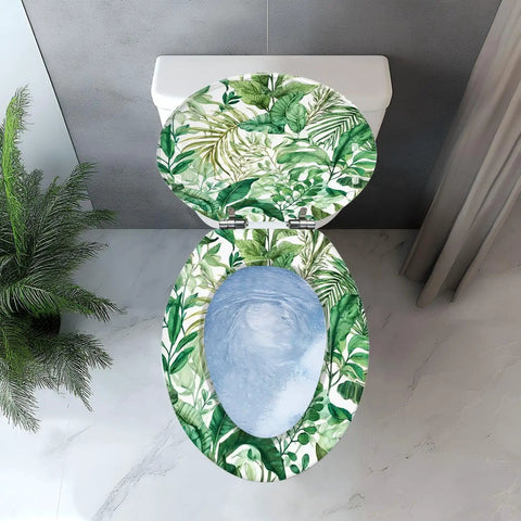 Top view of Elongated Resin Toilet Seat for Bathroom with green leafy design and clean toilet bowl.