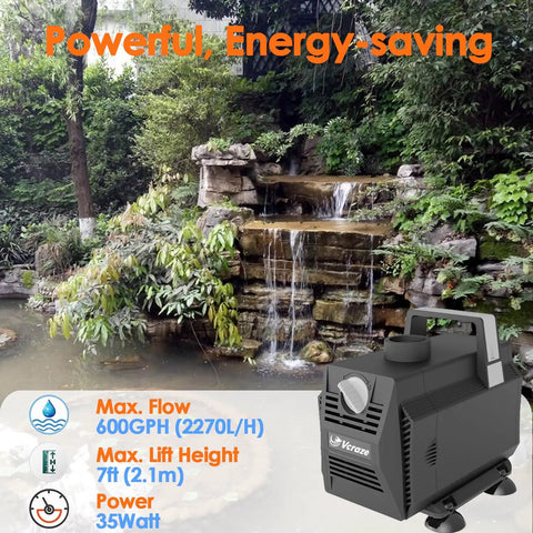 Beefy Submersible Water Pump 600GPH 35W with flow control, shown near a garden waterfall, ideal for ponds and hydroponics.