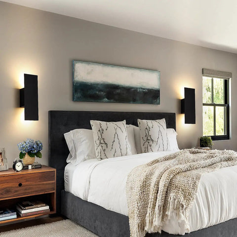 Oberade Single Hardwired Black LED Wall Light Bathroom Sconce 3000K Indoor illuminating a modern bedroom with stylish decor.