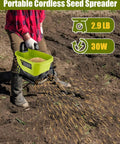 Person using All Season Handheld Seed And Fertilizer Spreader For Lawns, 18V Battery Compatible, spreading seeds on dirt path