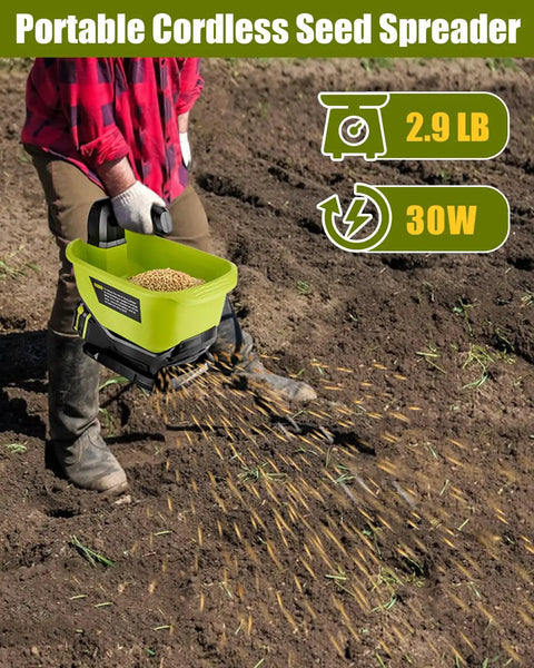 Person using All Season Handheld Seed And Fertilizer Spreader For Lawns, 18V Battery Compatible, spreading seeds on dirt path