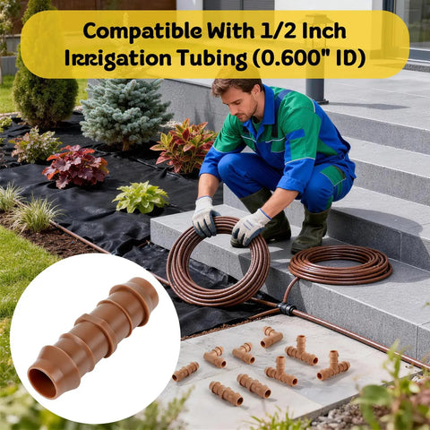 Half Inch Drip Irrigation Barbed Coupling Set, 25 Pack Straight Connectors For Half Inch Tubing in garden installation.