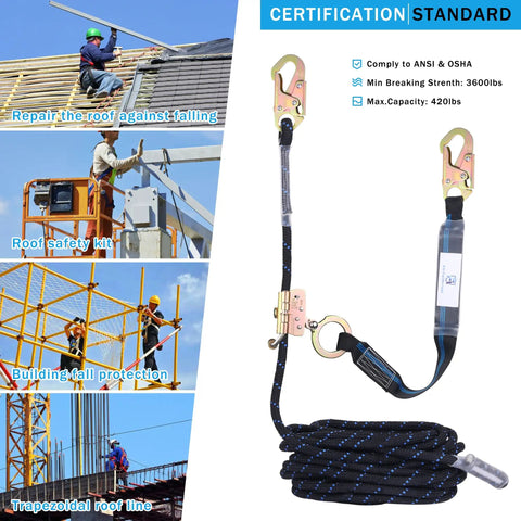 Heavy Duty Fifty Foot Vertical Lifeline Assembly With Rock Solid Alloy Steel Rope Grab And Shock Absorbing Lanyard For Roofer Fall Arrest Safety Kit Fully Osha Approved with safety features and certifications.