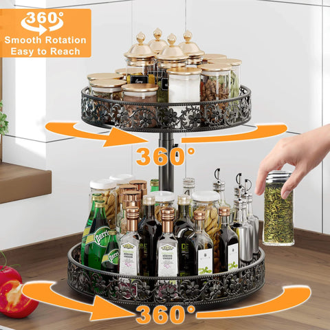 Front view: black metal two-tier Lazy Susan with floral lattice, 12-inch diameter, rotating spice rack.