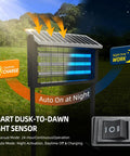 Outdoor Solar Bug Zapper for 3000 Sq Ft Coverage with LED tubes, dusk-to-dawn sensor, solar panel, and USB charging