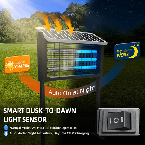 Outdoor Solar Bug Zapper for 3000 Sq Ft Coverage with LED tubes, dusk-to-dawn sensor, solar panel, and USB charging