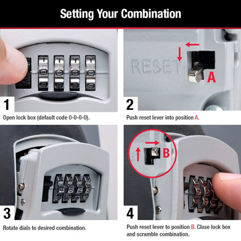 Instructions for setting combination on Key Lock Box For House Keys Outdoor Portable Lockbox With Resettable Four Digit Code 5400EC2