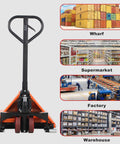 Heavy Duty Pallet Jack Open Bottom Lift Truck With 2200 Lb Capacity, 45 Inch By 21 Inch Forks in warehouse setting collage