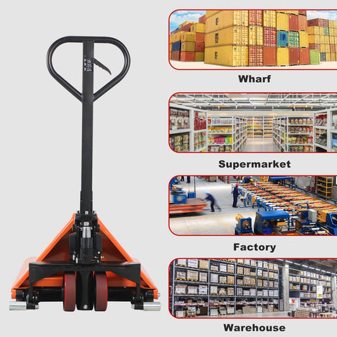 Heavy Duty Pallet Jack Open Bottom Lift Truck With 2200 Lb Capacity, 45 Inch By 21 Inch Forks in warehouse setting collage