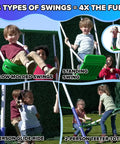 Durable Metal Backyard Swing Set For Kids With Two Swings Roman Glider Teeter Totter And 5 Ft Wave Slide children playing
