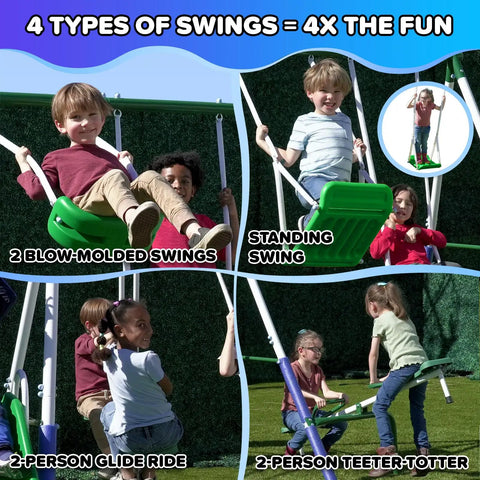 Durable Metal Backyard Swing Set For Kids With Two Swings Roman Glider Teeter Totter And 5 Ft Wave Slide children playing