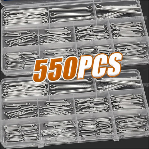 Stainless Steel U Cotter Pin Kit With 550 Pieces in plastic box, visible assorted sizes, perfect for automotive and DIY use.