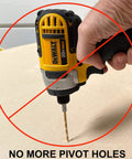 Hand holding drill with "NO MORE PIVOT HOLES" message demonstrating Blemish Free Pivot Plate For Circle Cutting No Center Hole Required.