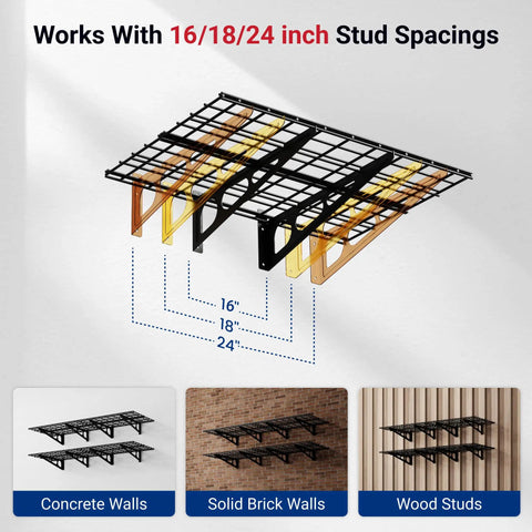 Heavy Duty Garage Wall Shelves 2 Pack 24 By 72 Inch Mounted Shelving Set Holds Up To 1400 Lbs Total Black Classic Series Durable Powder Coat Finish Beefy Built For Garage Organization And Heavy Load Storage, for 16/18/24 inch stud spacing