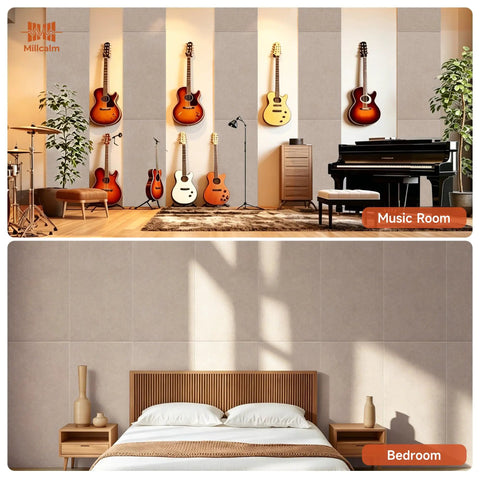 Oversized Self Adhesive Acoustic Wall Panels Made From Dense Polyester Fiber For Quiet Room Treatment And Bass Absorption Suitable For Home Studios Or Living Areas Delivers Premium Camel Color Paired With Quick Peel Stick Two Pack That Truly Slaps in a music room with guitars.