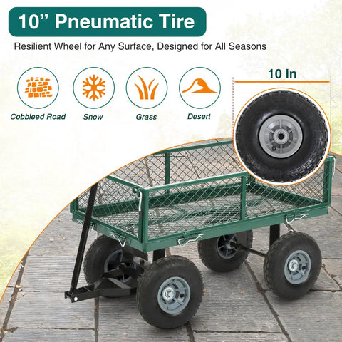 Heavy Duty Garden Cart With 500 Lbs Capacity, Utility Wagon With Removable Sides And 180 Degree Rotating Handle, Green