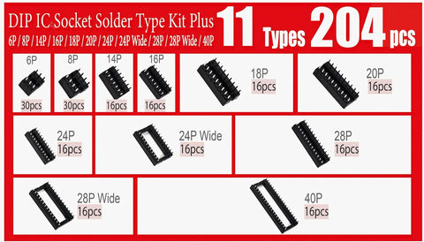 204Piece DIP IC Socket Kit With 11 Types 2.54mm Pitch 0.1in Solder Type Adapters For 6 To 40 Pin Sockets Narrow And Wide Assortment