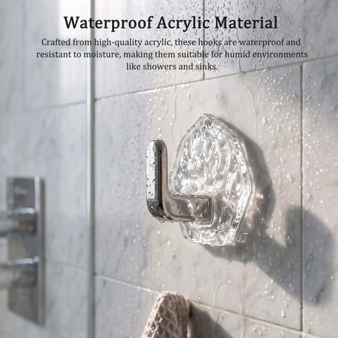 Pack Of 8 Hexagonal Water Ripple Self Adhesive Wall Hooks Silver No Drill Heavy Duty Storage Snag Your Gear Simple Peel Mount with water droplets in bathroom.
