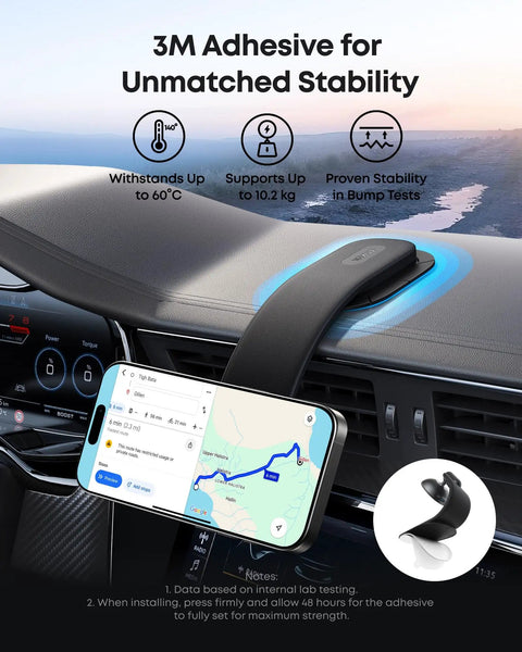 Magnetic Wireless Car Charger With 360 Degree Adjustable Mount And Detachable Pad on dashboard, iPhone GPS displayed.