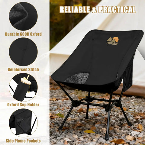 Ultralight Backpacking Camping Chair With Cup Holder And Storage Bag, Portable Foldable Camp Chair, Deep Black, outdoor setup