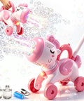 Magical Pink Unicorn Bubble Machine For Toddlers Ages Two To Four, Portable Electric Toy with LED lights generating bubbles.
