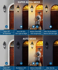 Lit Outdoor Motion Sensor Wall Light With Dusk To Dawn Feature Water Ripple Glass Porch Lantern modes demonstration