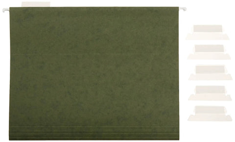 Heavy Duty Green Hanging File Folder with adjustable tabs and removable label inserts for standard letter size papers.