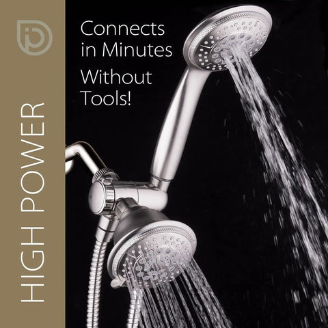 High Pressure 24 Function Handheld Showerhead And Rain Shower Combo With Four Inch Chrome Face Dual 2 In 1 Shower Head System Stainless Steel Hose Patented Three Way Diverter All Chrome Finish shown with water flow